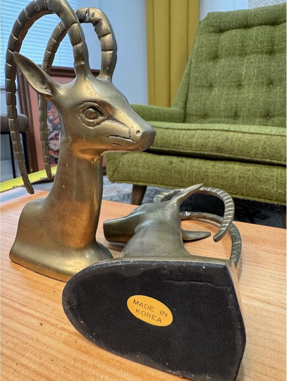 Pair of heavy Vintage gazelle antelope deer antler brass bookends - Picture 6 of 6